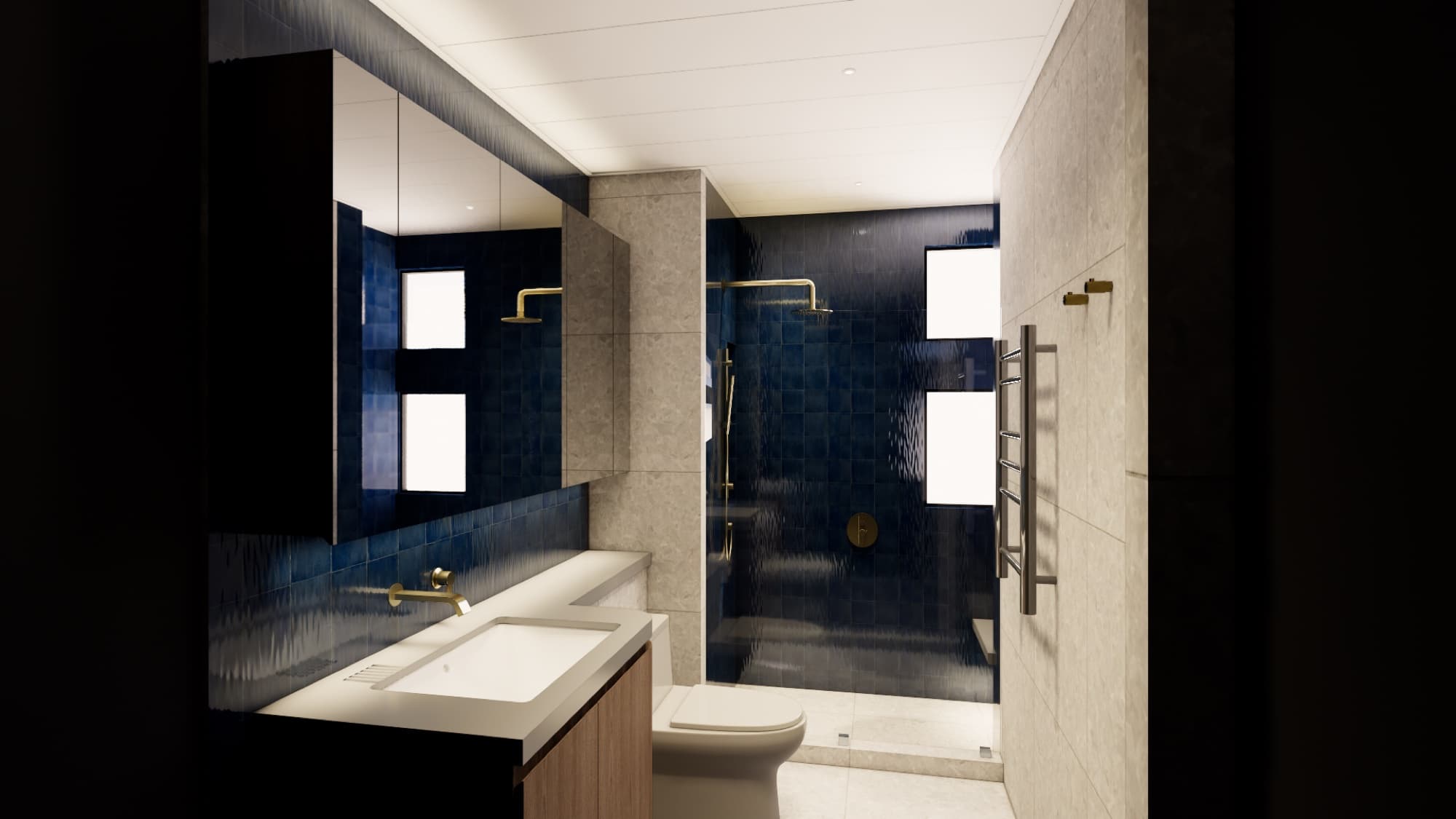 Primary shower in deep blue tile with brushed brass fittings