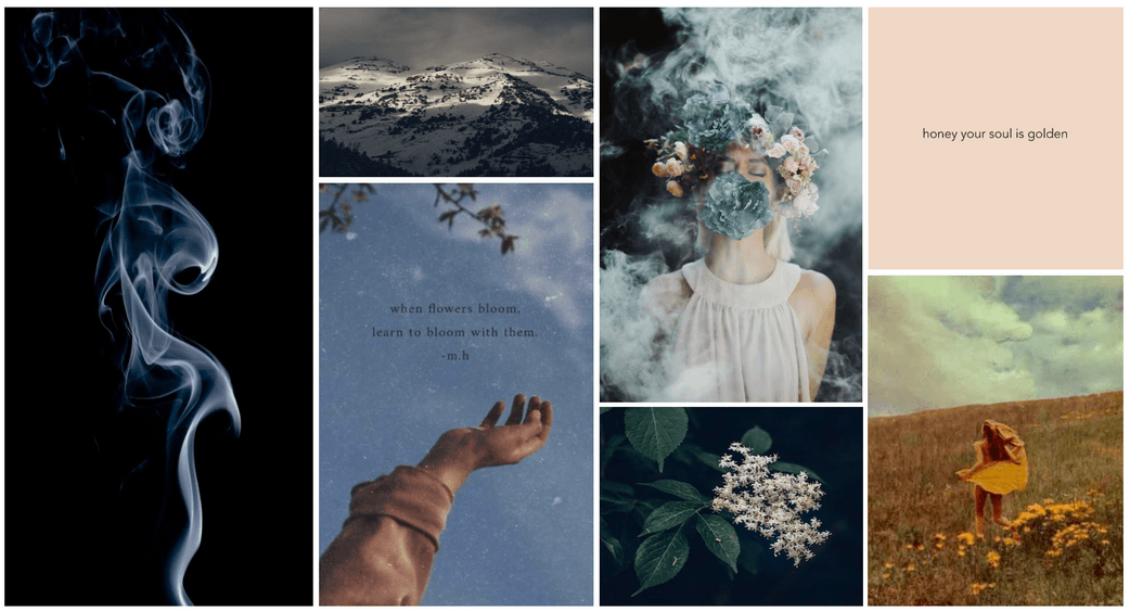 Concept board for The Cooper Project: smoke, mountain light, botanical and figurative imagery in a muted, spirited palette