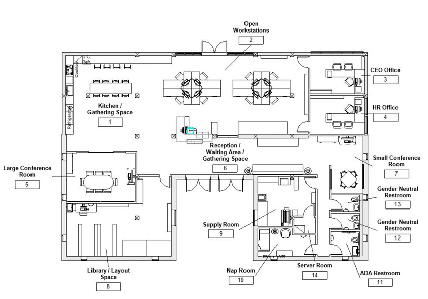Floor plan for The Design Office: an ADA-compliant open-plan office in a converted barn, zoned with low-level storage around fixed structural columns