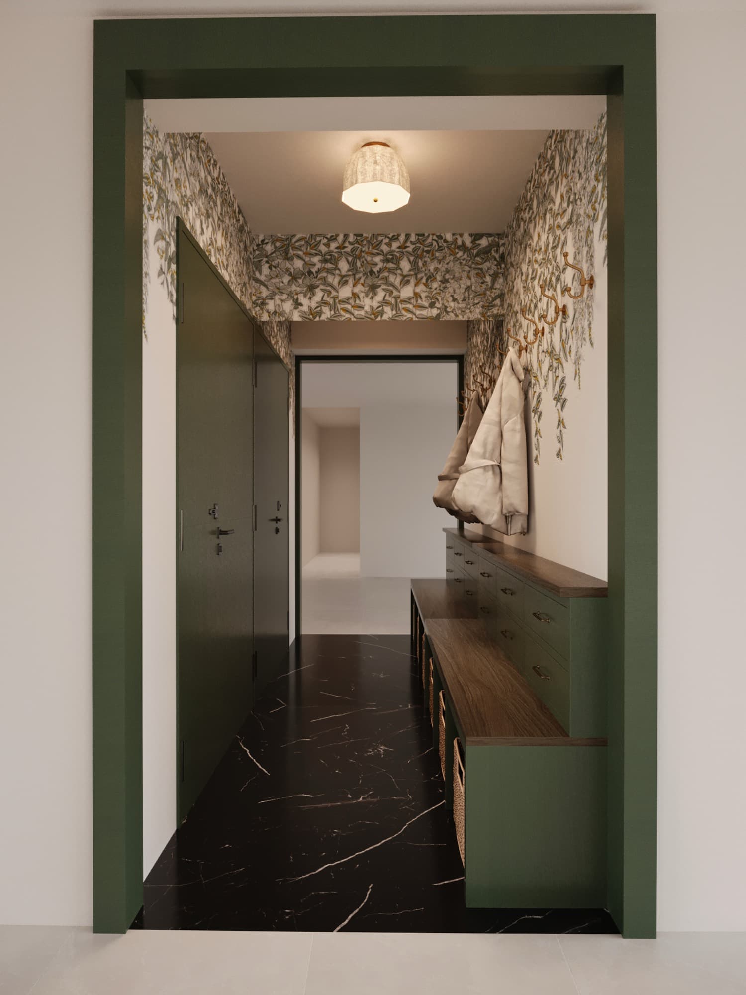 The entry seen through its green-framed opening, looking down the hallway