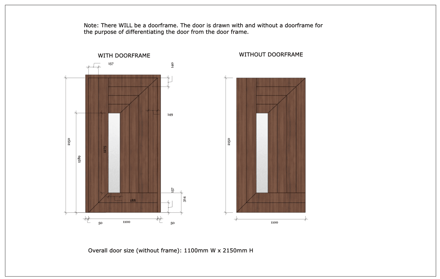 Hallway door drawing, 1100mm by 2150mm, drawn with and without its frame, showing a mitred plank pattern and a vertical light slot