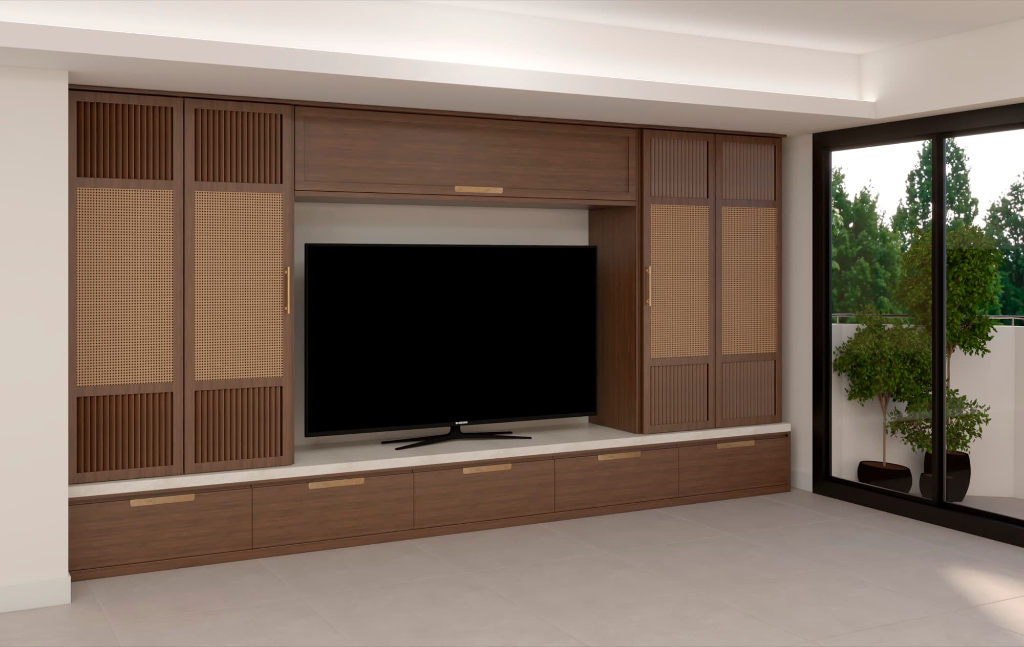 The same wall with its centre panels slid back to reveal a television