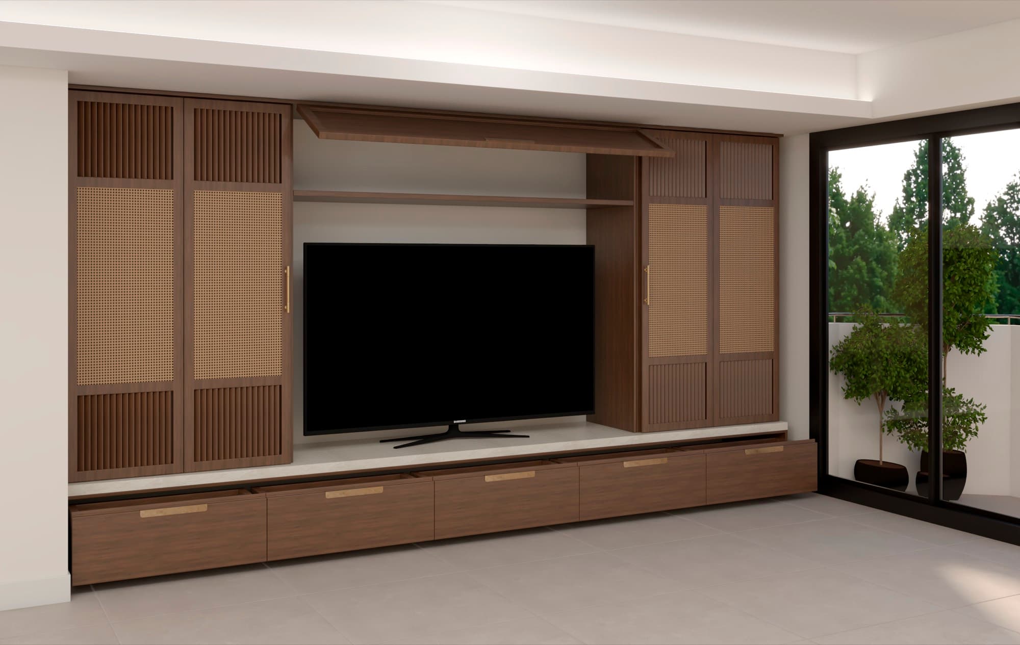 Upper cabinet flap lifted above the television to reveal a display shelf