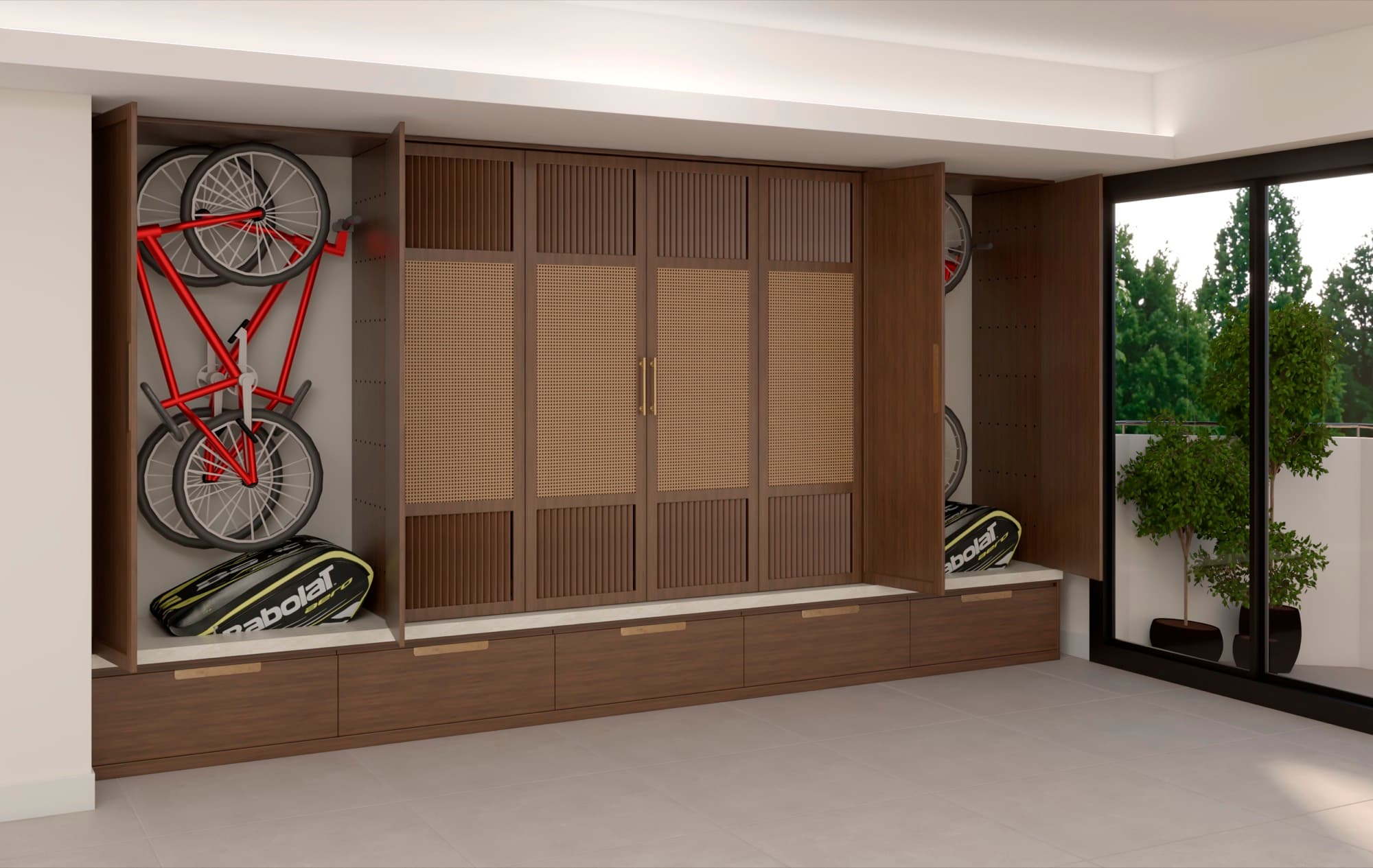 End bays opened to show two bicycles hung vertically with tennis rackets below