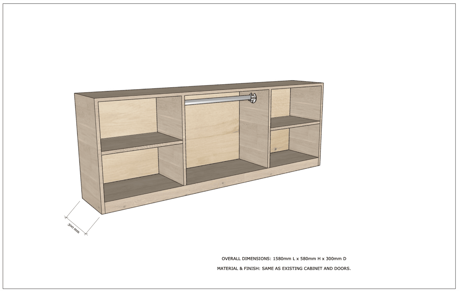 Axonometric of the Montessori wardrobe carcass, showing the hanging rail and the shelved bays either side