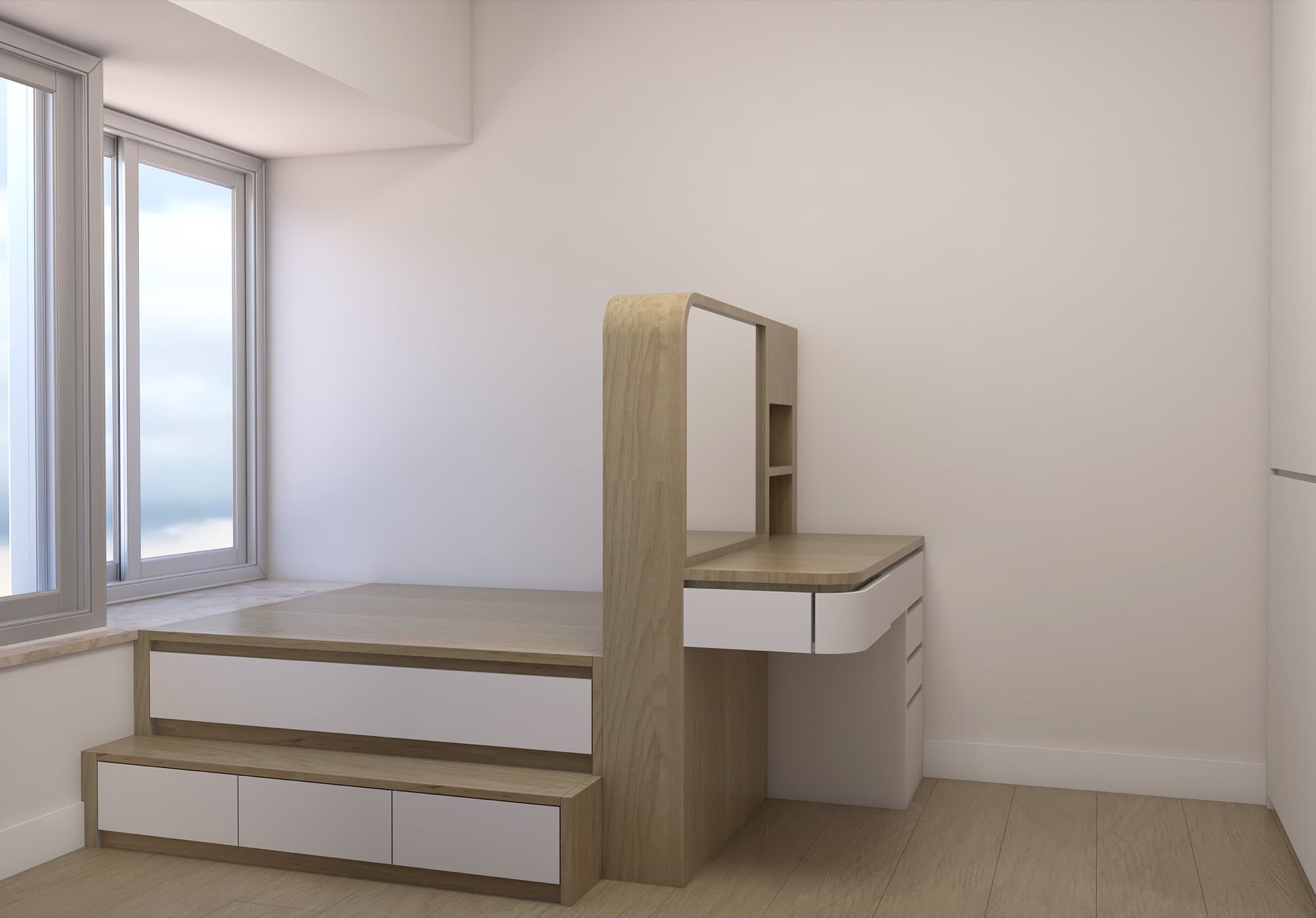 Platform bed on a drawer base with a curved oak headboard and dressing table behind