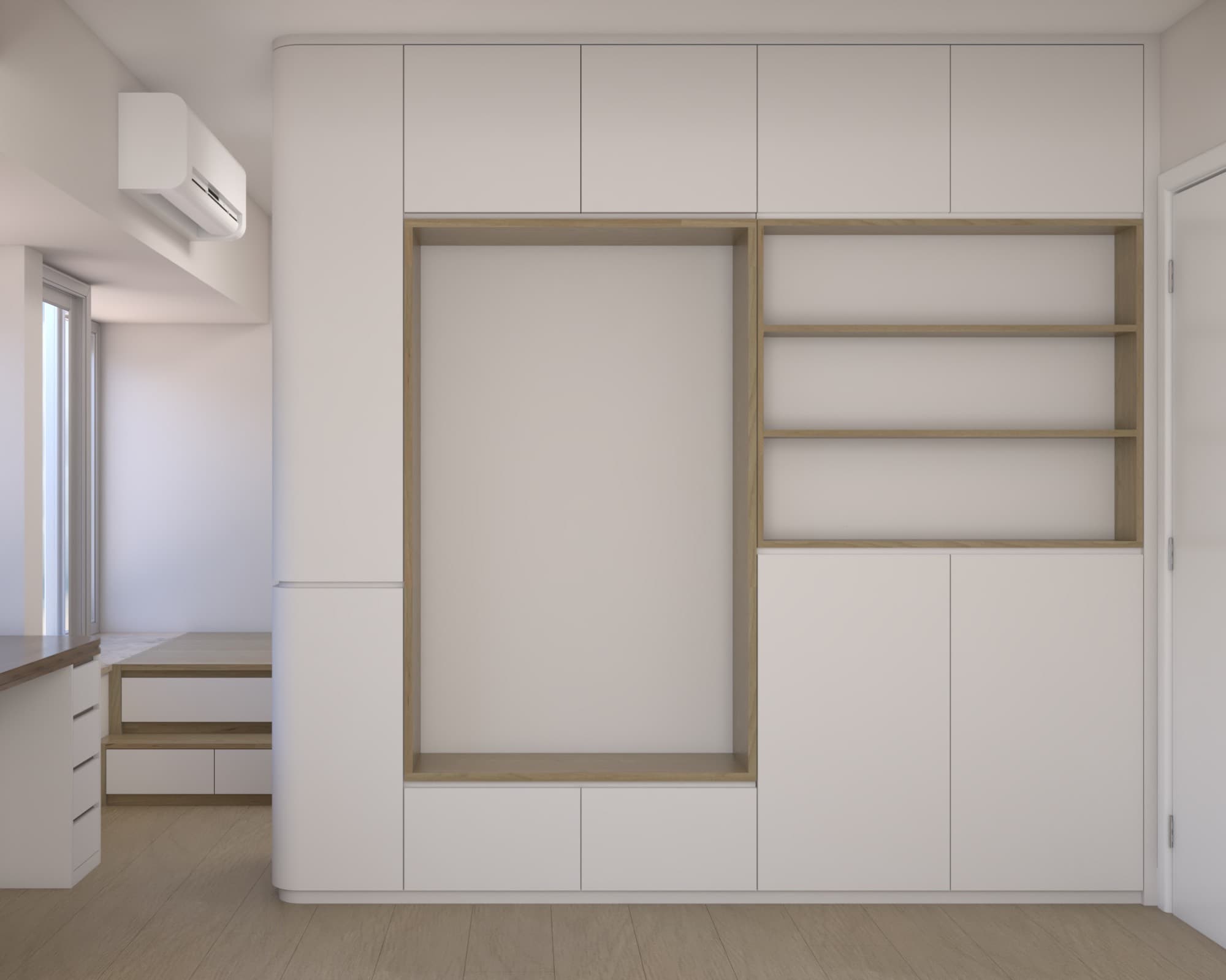 Wall of white joinery with an oak-lined open niche, three shelves and tall cupboards