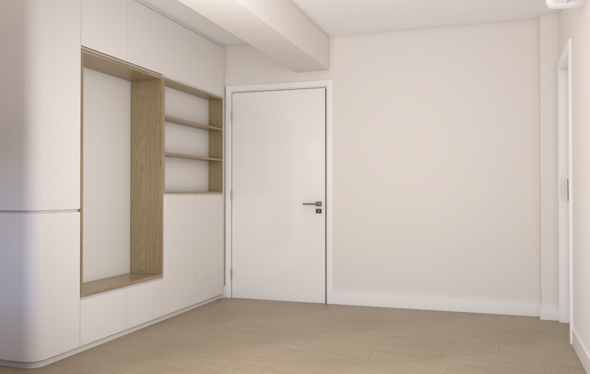 Second bedroom wardrobe run with an oak-lined niche and a rounded end panel