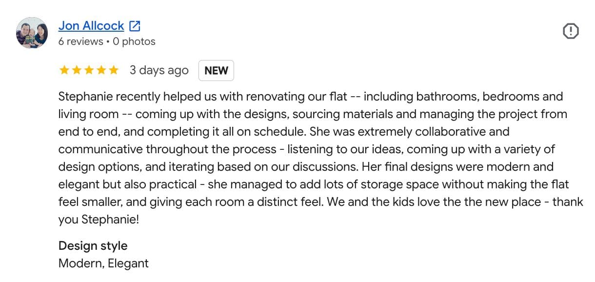 Google review of Stephanie Sham Studio by Jon Allcock, five stars, praising Stephanie for designing, sourcing and managing their flat renovation end to end and on schedule